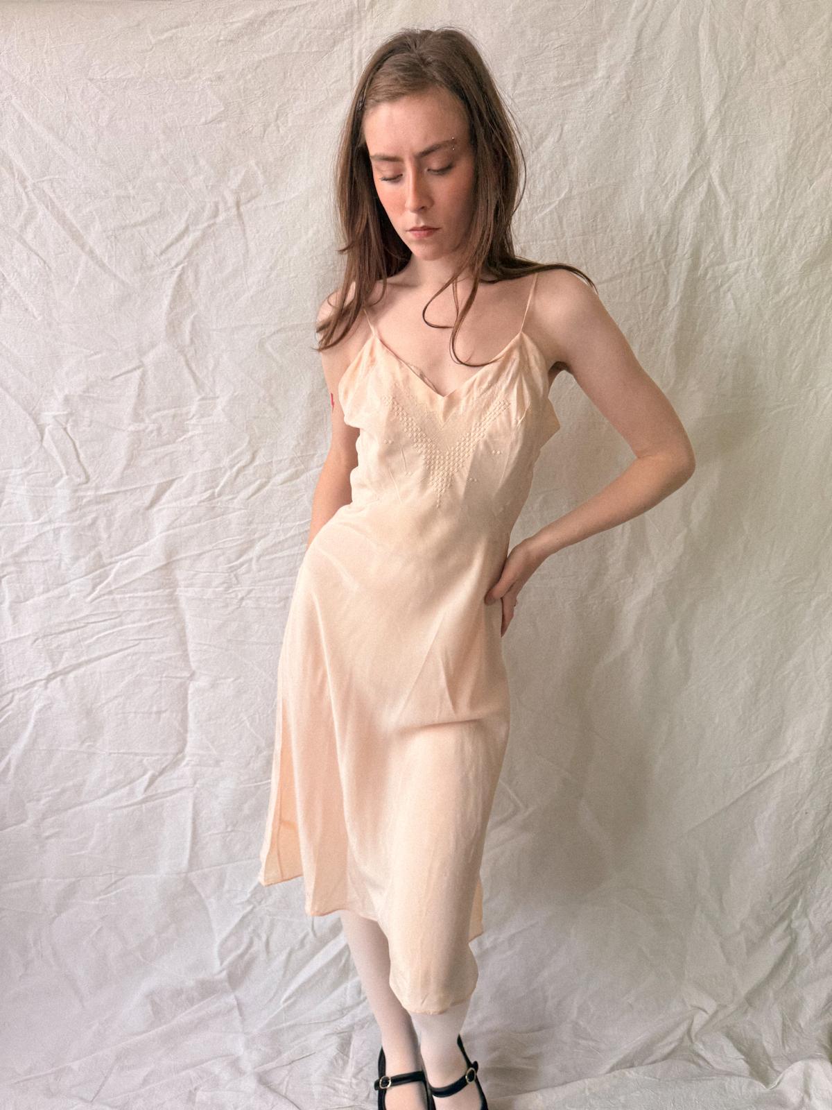 1930s Peach Silk Bias Cut Slip Dress with Art Deco Fagoting Detail