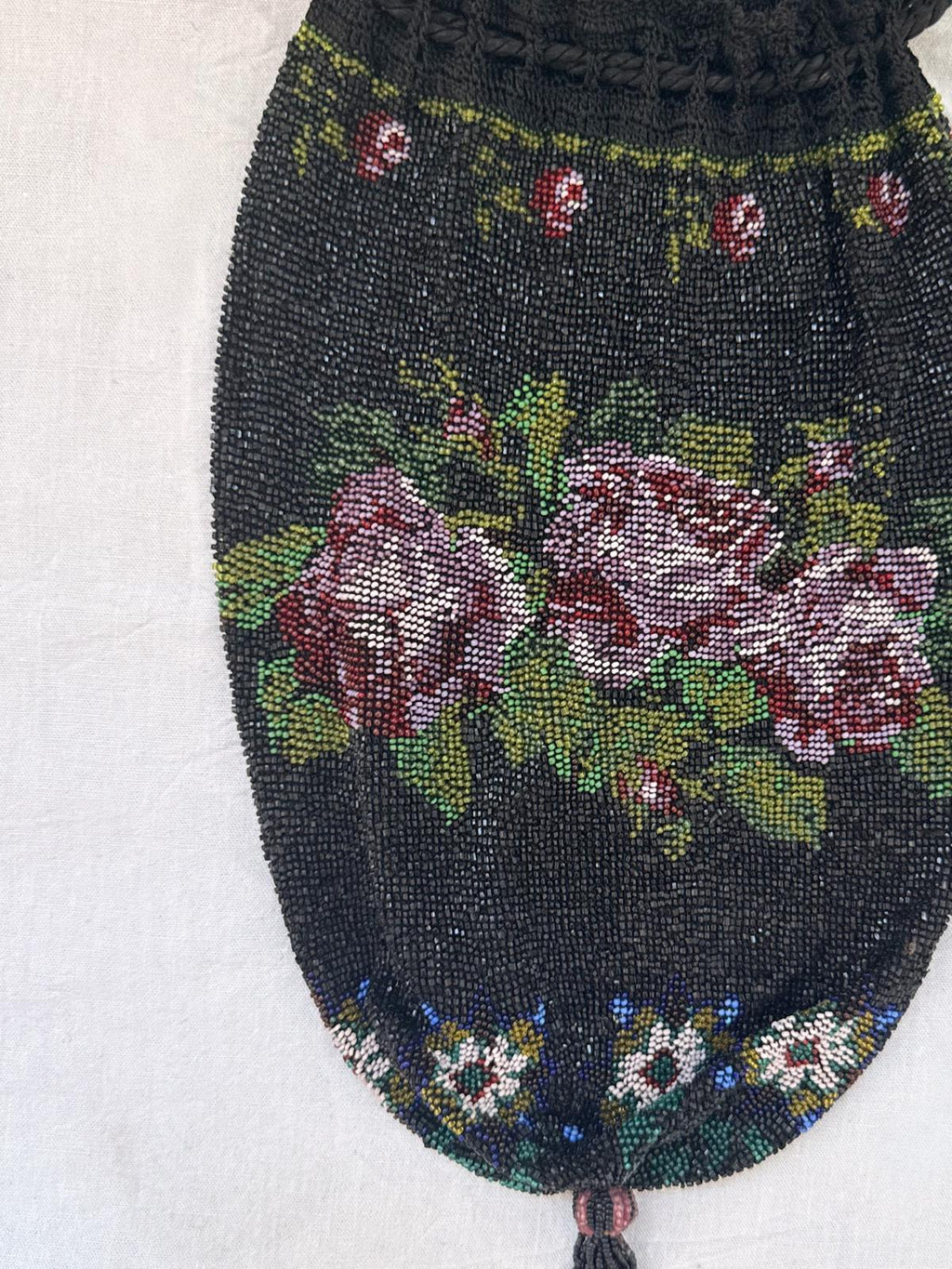 1920s French Floral Micro Beaded Drawstring Purse
