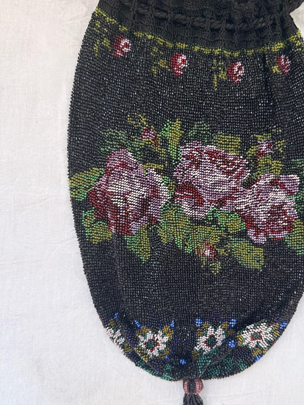 1920s French Floral Micro Beaded Drawstring Purse