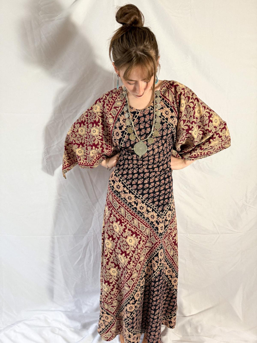 1970s Kaiser Indian Block Print Cotton Maxi Kaftan Dress