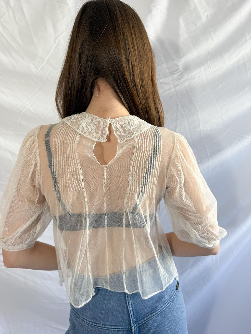 Edwardian / Early 1910s Sheer Tulle Blouse with Embroidered Collar