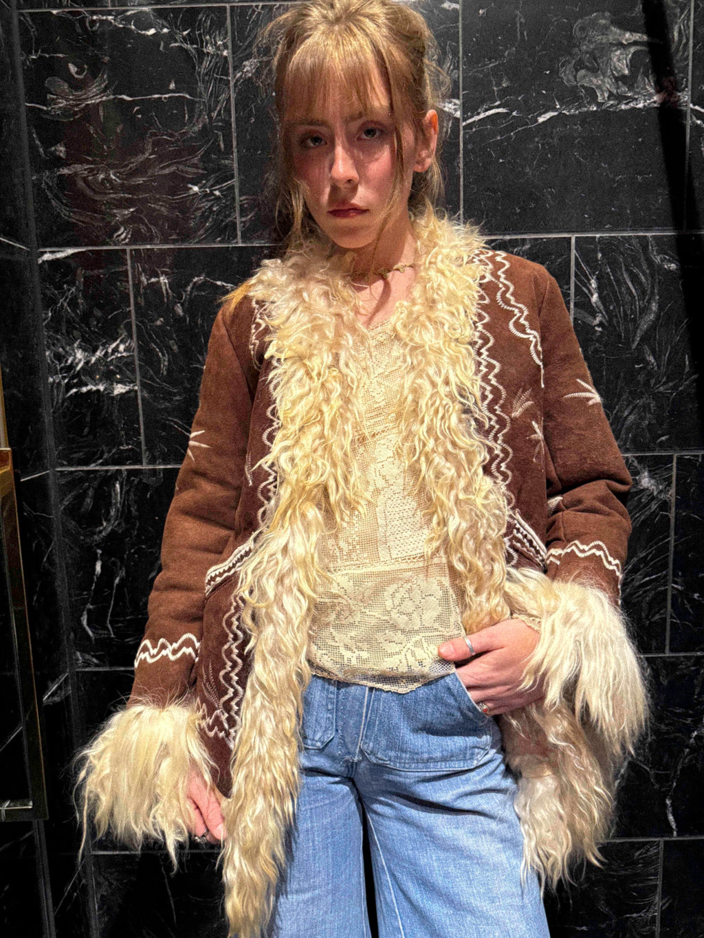 1970s Afghan Shearling Coat – Chocolate Brown with Creamy Trims and Ivory Embroidery