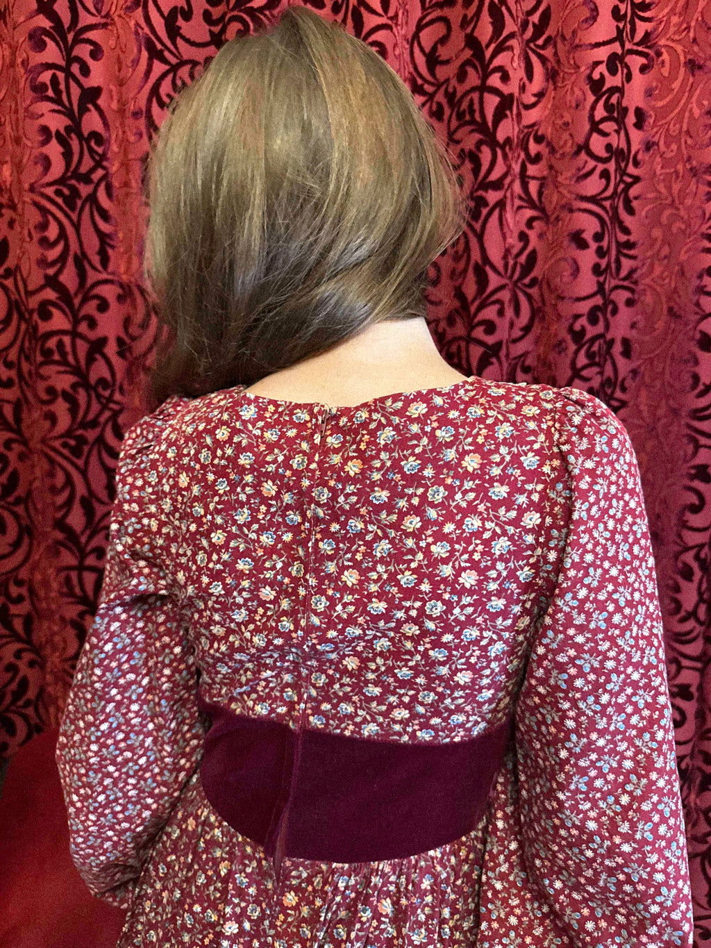 1970s Gunne Sax Prairie Dress in Burgundy Floral Cotton with Velvet Bodice