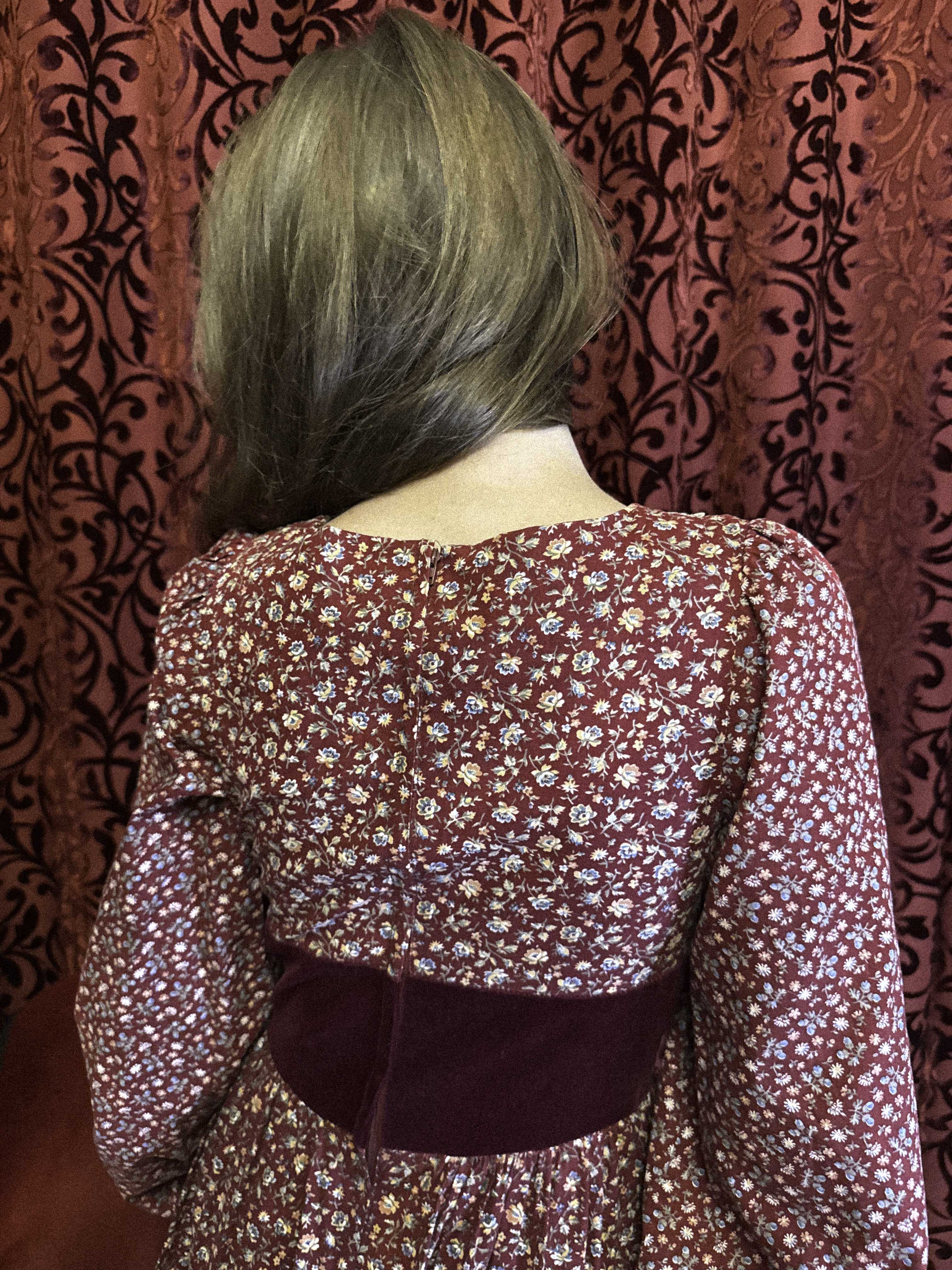 1970s Gunne Sax Prairie Dress in Burgundy Floral Cotton with Velvet Bodice