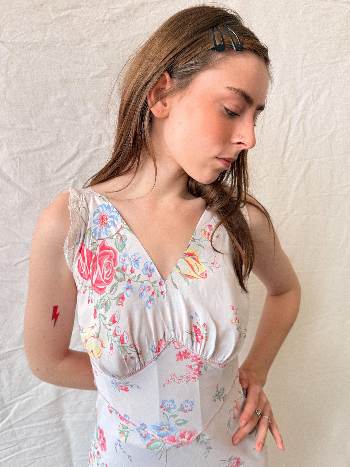 1930s Floral Rayon Bias Cut Slip Dress