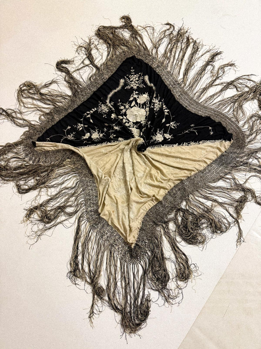 1920s Black & Ivory “Yin-Yang” Embroidered Silk Piano Shawl