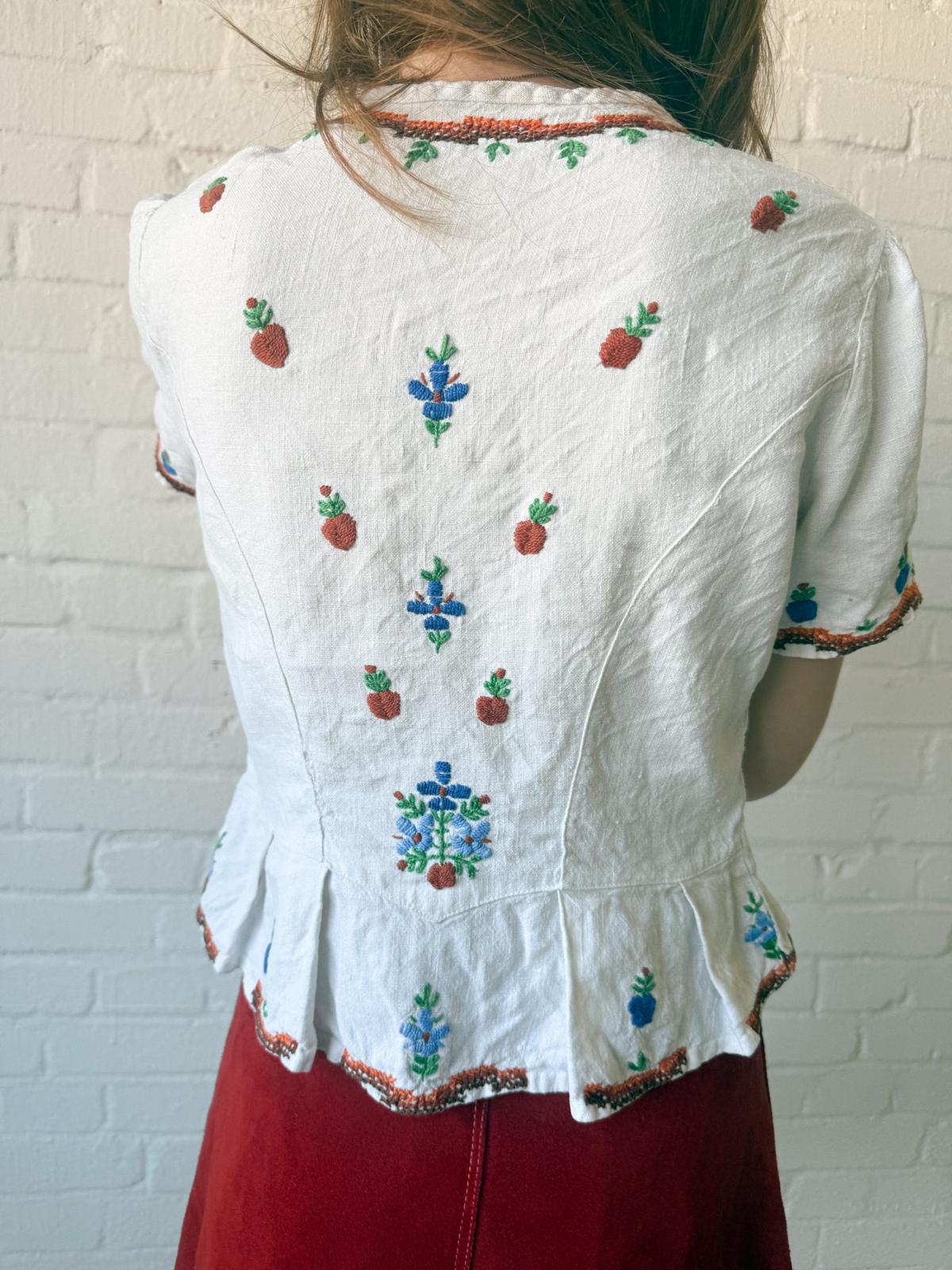 1960s–70s Embroidered Cotton Folk Peplum Blouse
