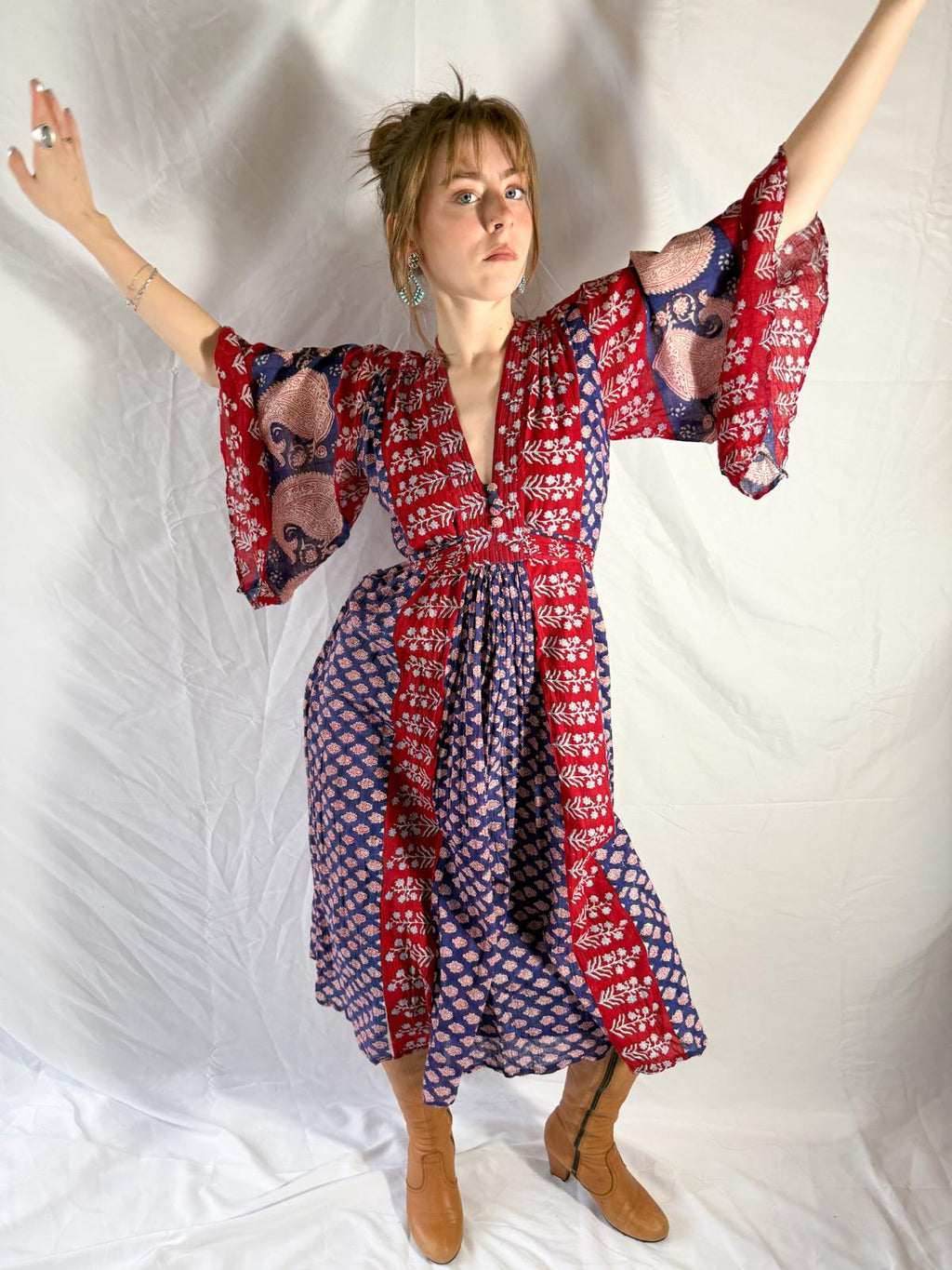 1970s Indian Cotton Gauze Block Print Dress with Angel Sleeves