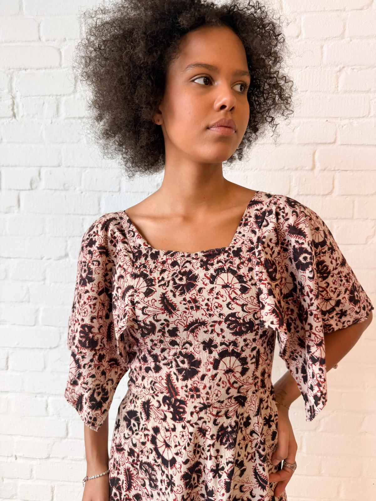 1970s Indian Block Print Cotton Dress with Butterfly Sleeves