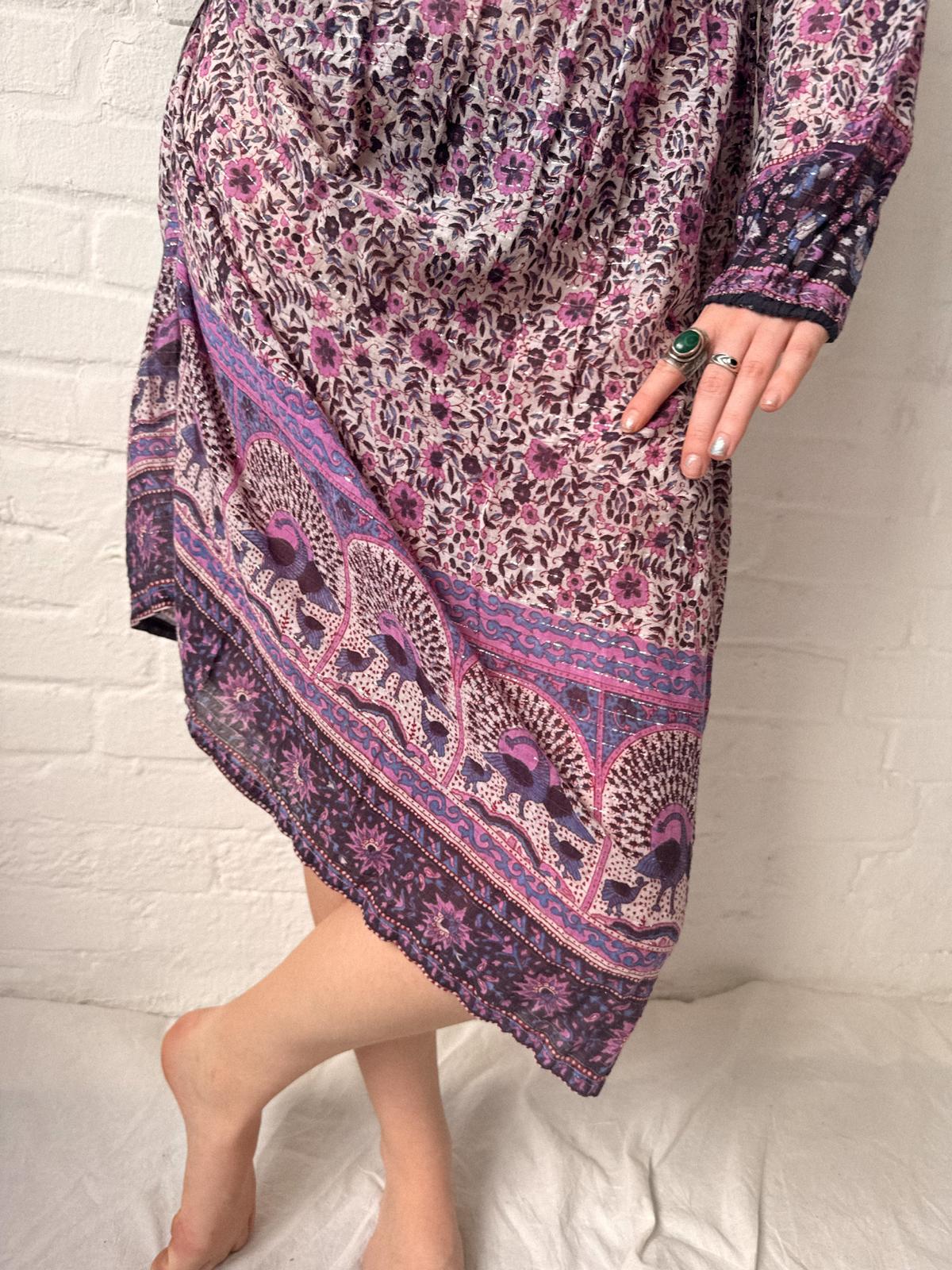 1970s Indian Cotton Gauze and Lurex Peacock Print Dress