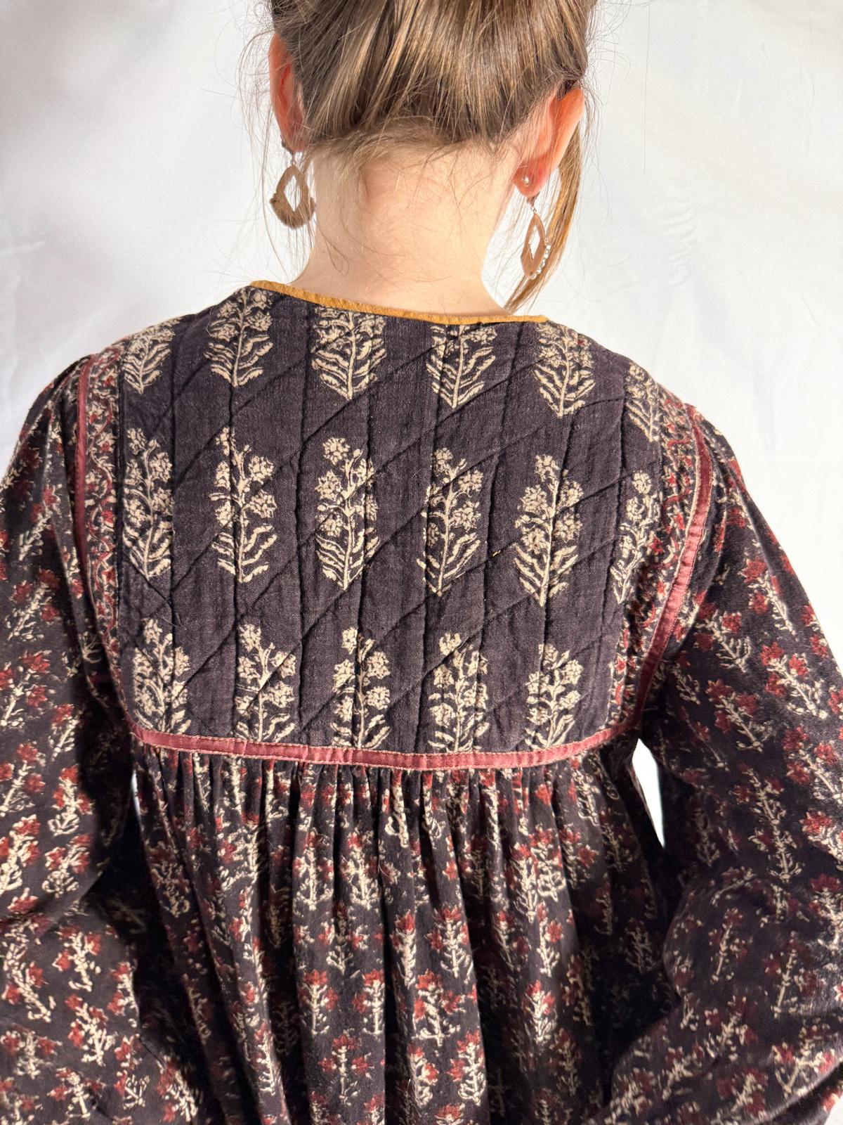 1970s Indian Block Print Cotton Dress with Quilted Yoke and Hem