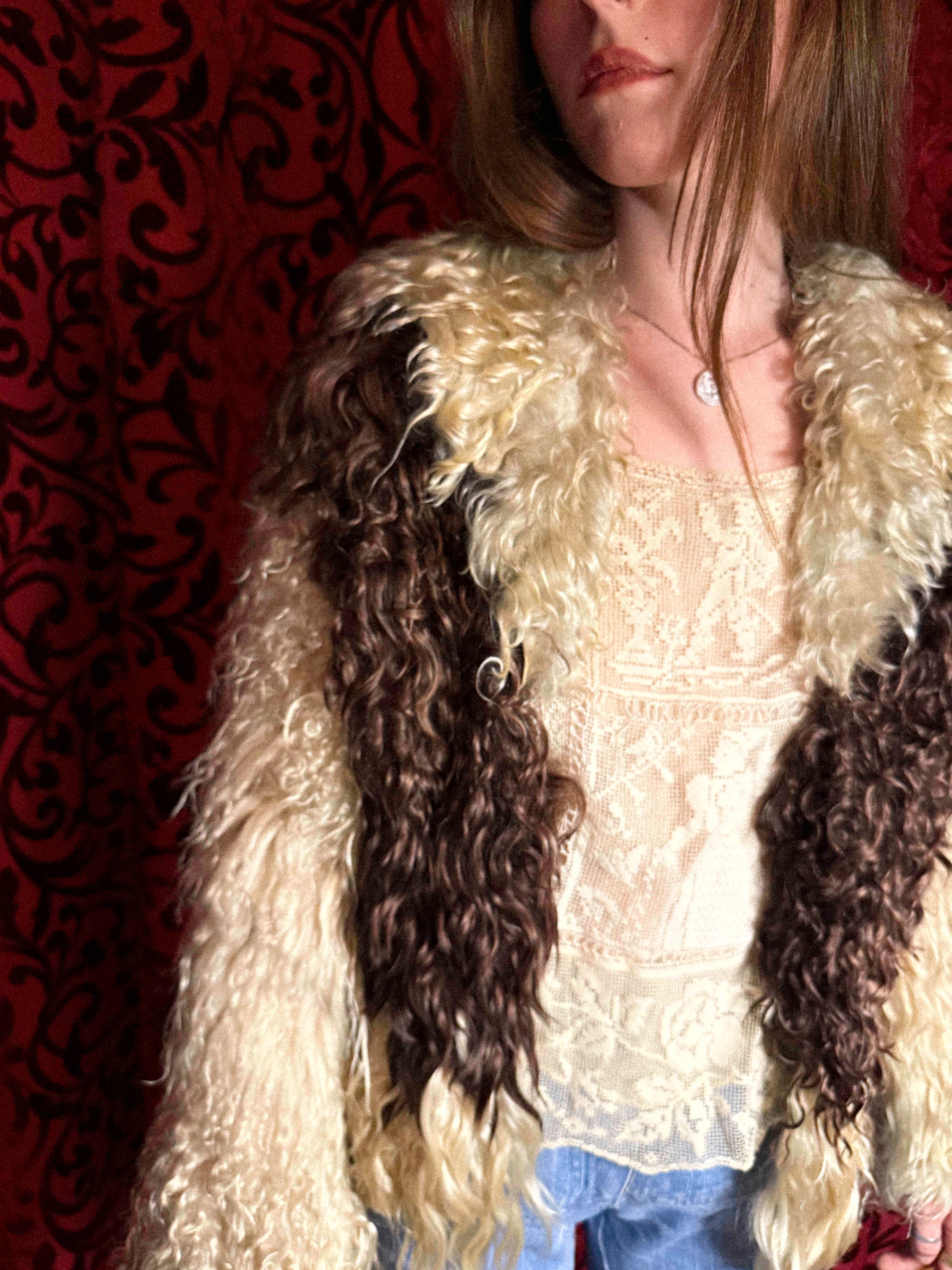 Rare 1960s–70s Tibetan Lamb Jacket – Two-Tone Curly Fur with Sculptural Sleeves
