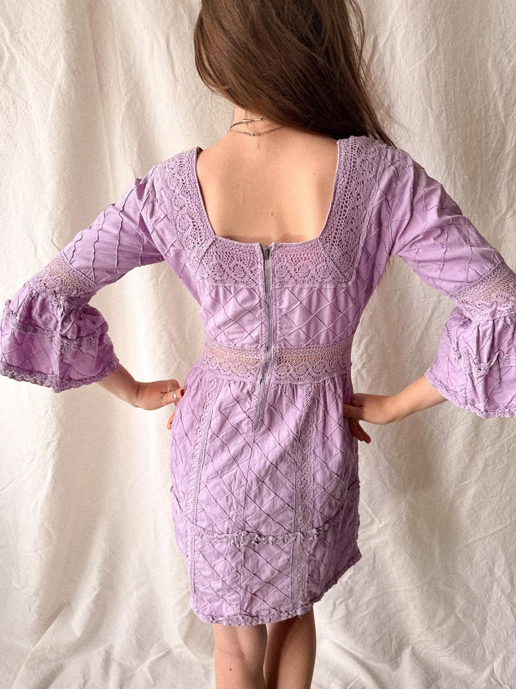 Lavender Quilted Cotton Lace Mini Dress | 1960s–70s Mexico