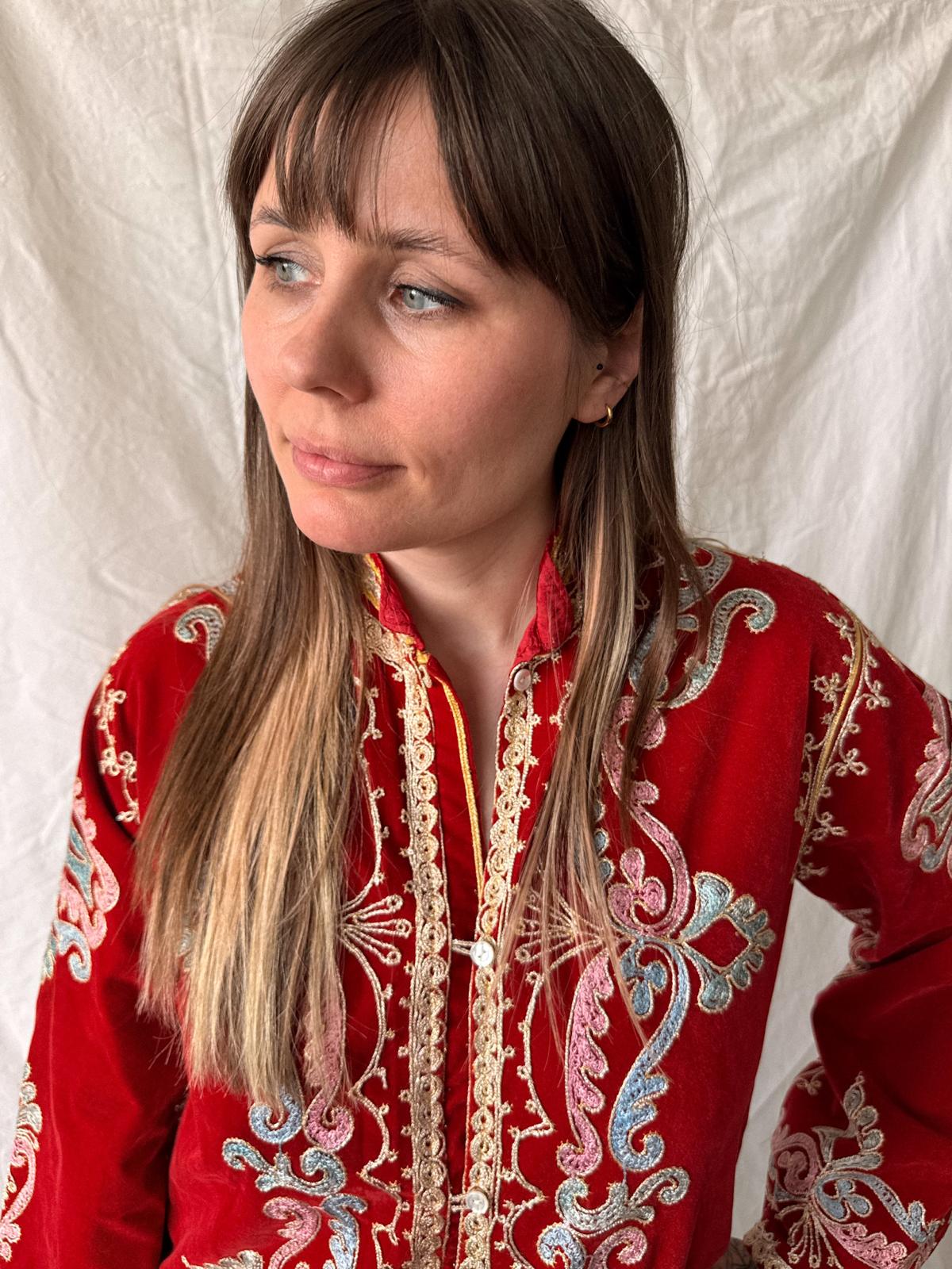 1970s Embellished Red Morroccan Velvet Caftan Coat