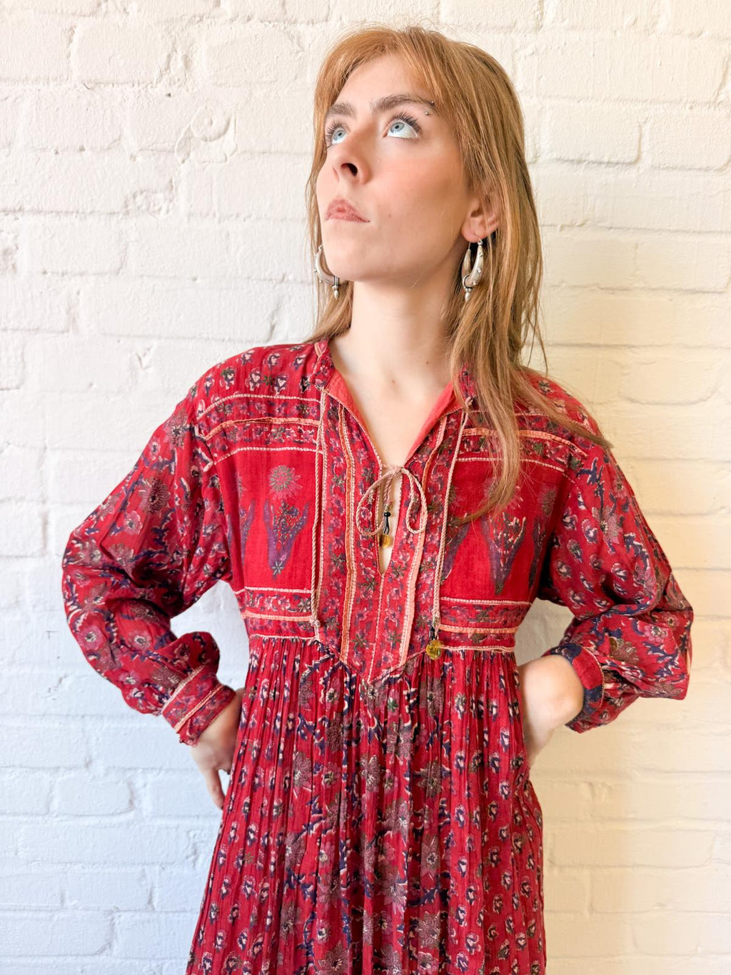 1970s Cotton Gauze Indian Block Print Midi Dress