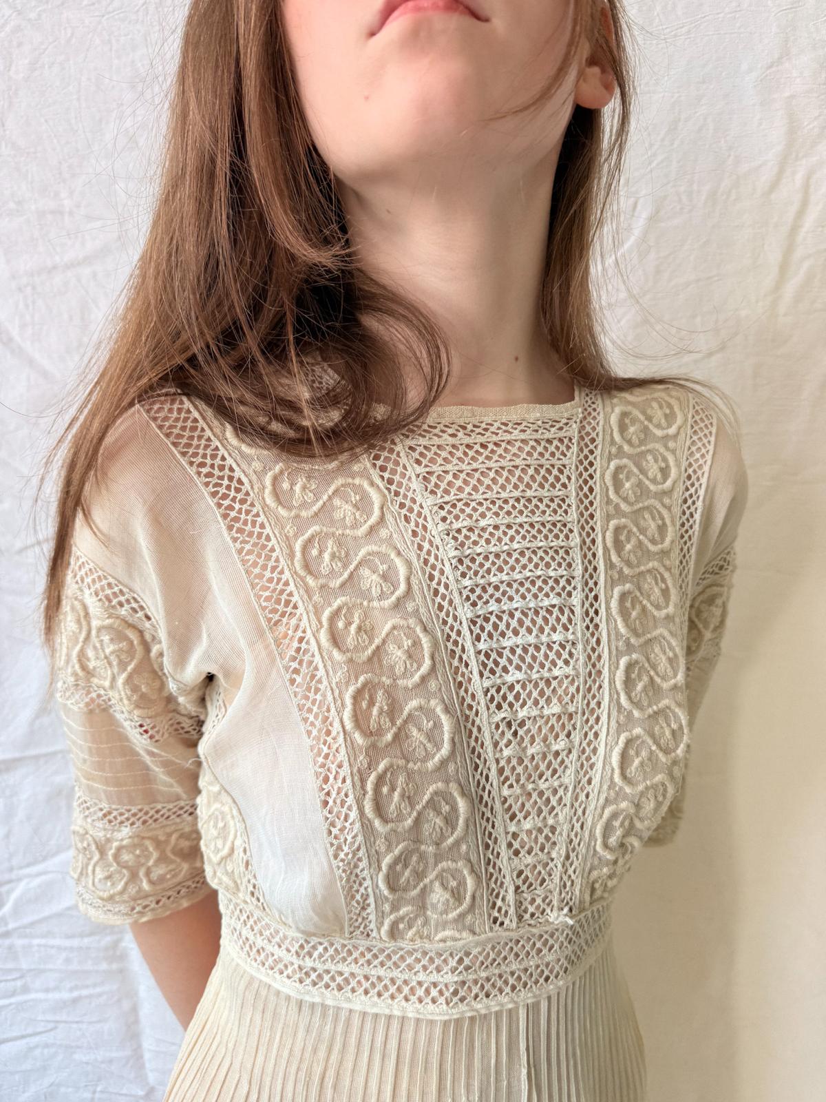 Edwardian Soutache & Lace Gauze Dress | Antique Cream Cotton Dress | Edwardian Lawn Dress | c. 1905–1915