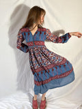 Indisches Baumwoll-Gaze-Blockprint-Kleid mit Stufenrock aus den 70ern (Deadstock)