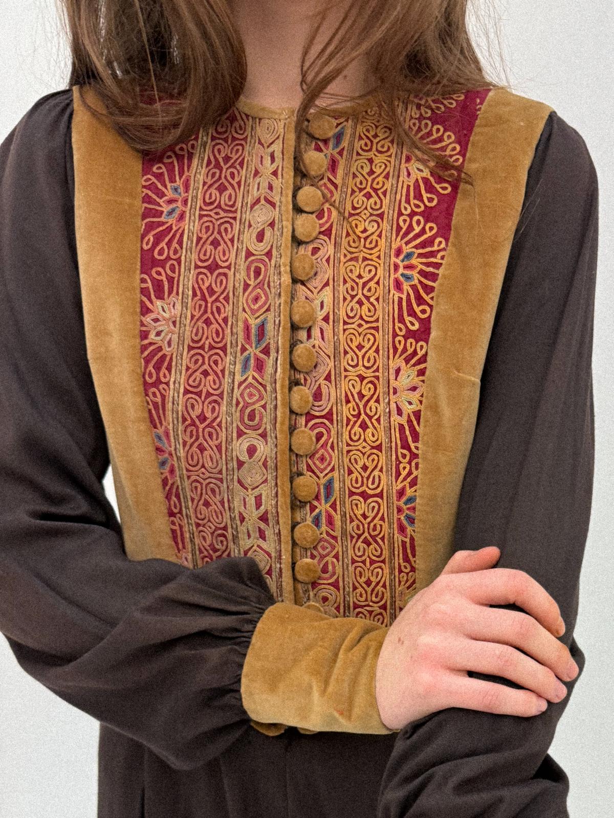 1960s–1970s Bohemian Folkloric Dress with Afghan-Inspired Embroidered Velvet Bodice
