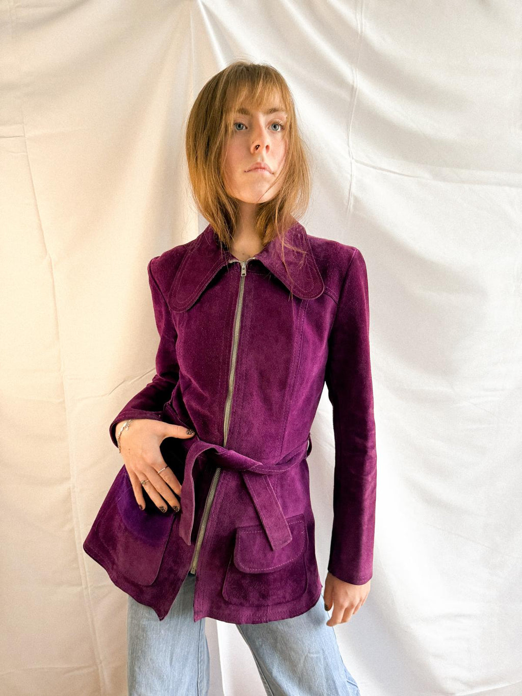 1970s Royal Amethyst Suede Jacket with Dagger Collar