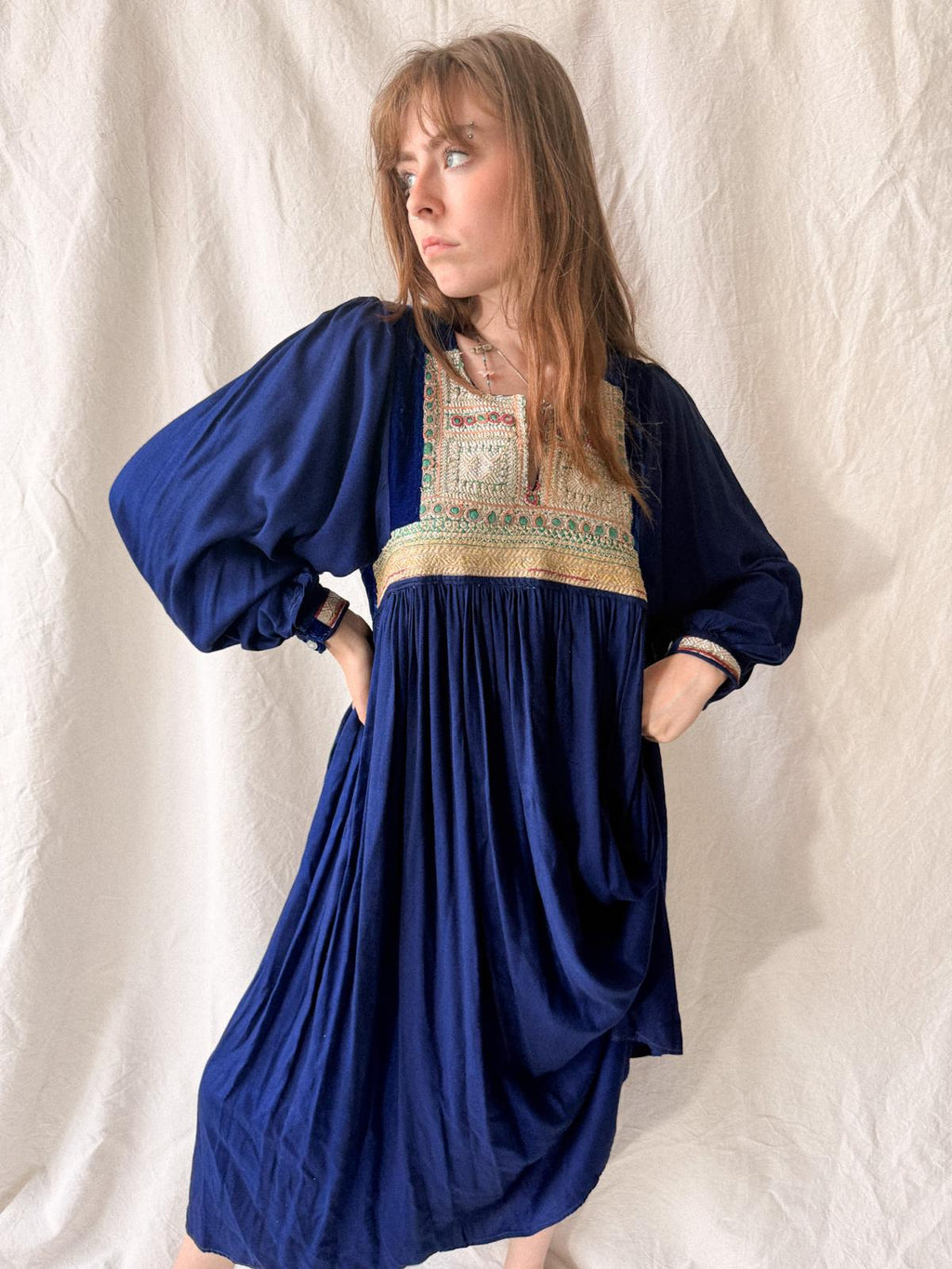 1970s Afghan Folk Dress in Cobalt Blue Velvet & Handworked Tribal Yoke