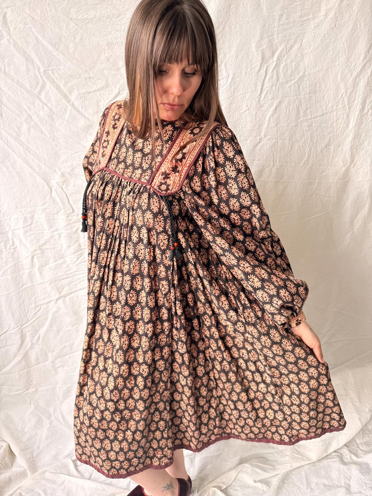 1970s Phool Hand Block Printed Cotton Midi Dress