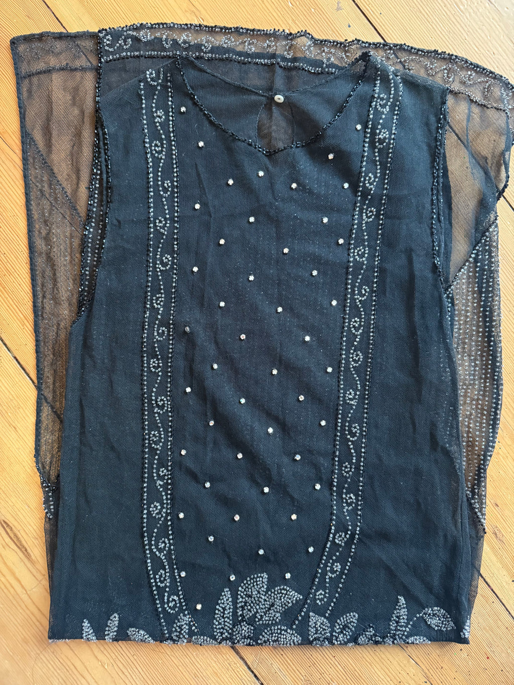 Antique 1920s Beaded Mesh Flapper Dress with Geometric Crystal Embellishment