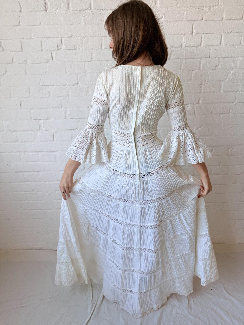 1970s Mexican Cotton and Crochet Lace Dress