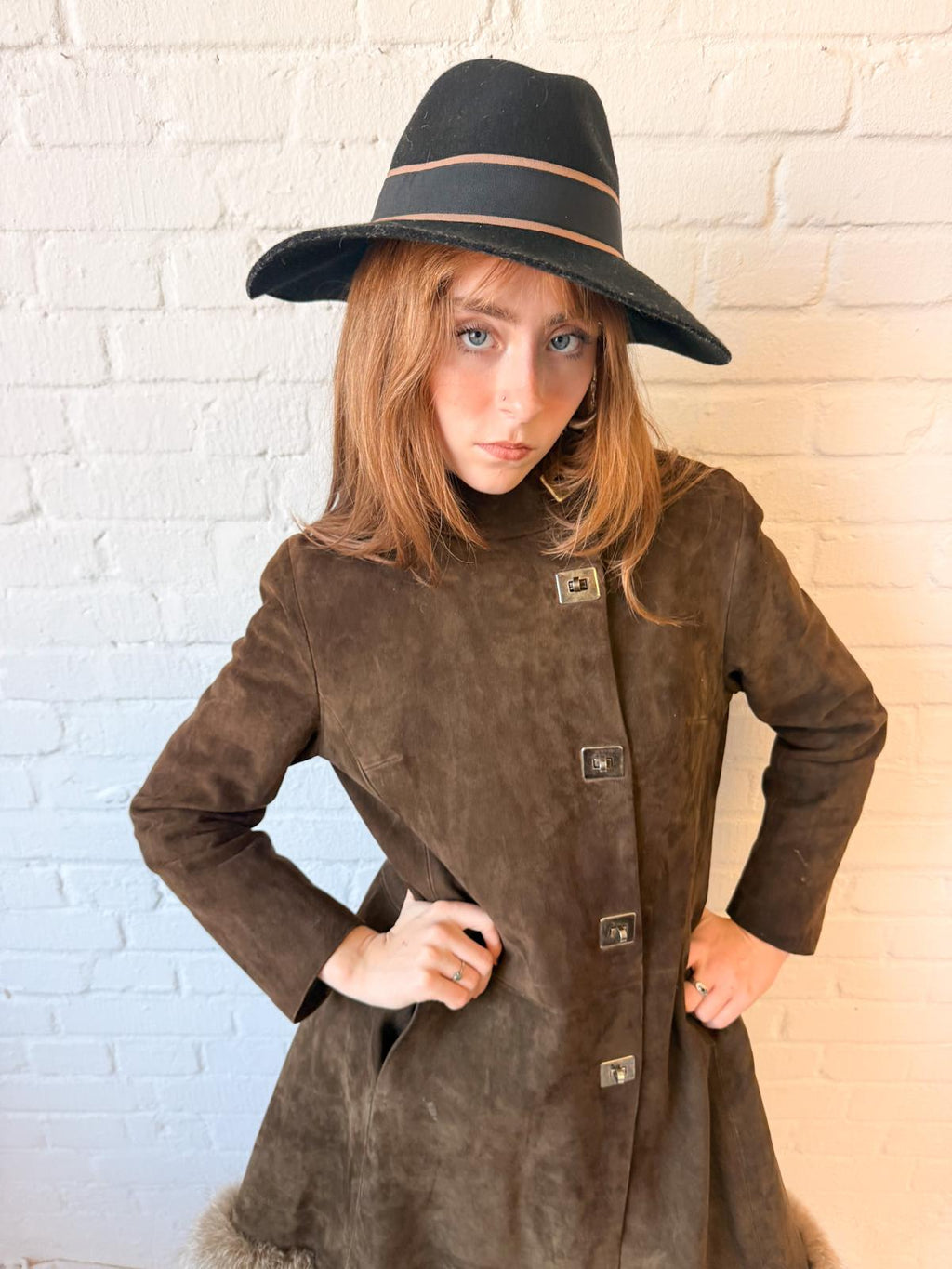 1970s Brown Suede Penny Lane Princess Coat with Statement Metal Fastenings
