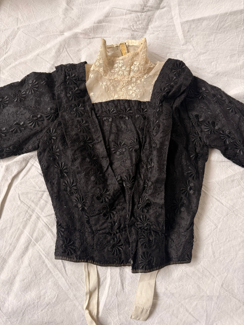 Victorian / Early Edwardian Black Silk & Lace Boned Bodice | Antique Embroidered Jacket | c. 1895–1910