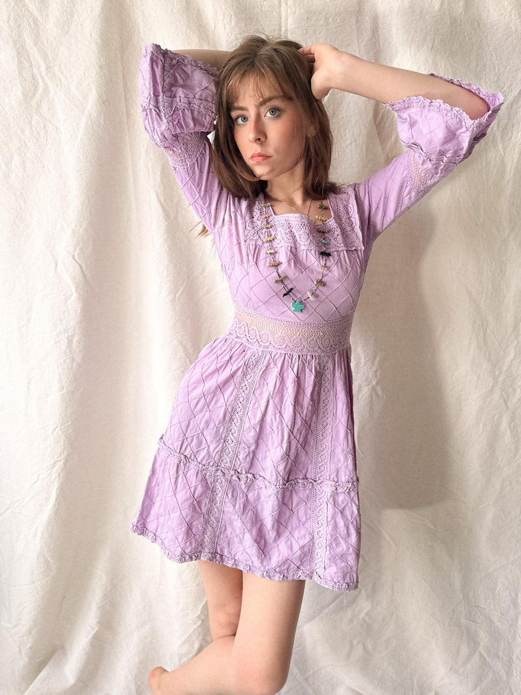 Lavender Quilted Cotton Lace Mini Dress | 1960s–70s Mexico