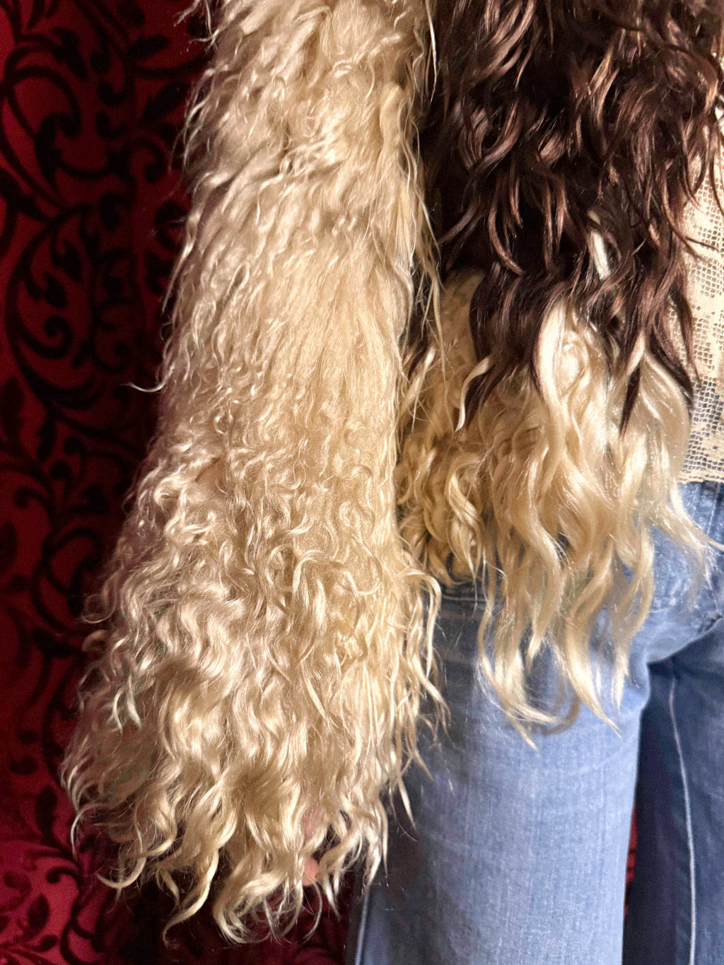 Rare 1960s–70s Tibetan Lamb Jacket – Two-Tone Curly Fur with Sculptural Sleeves