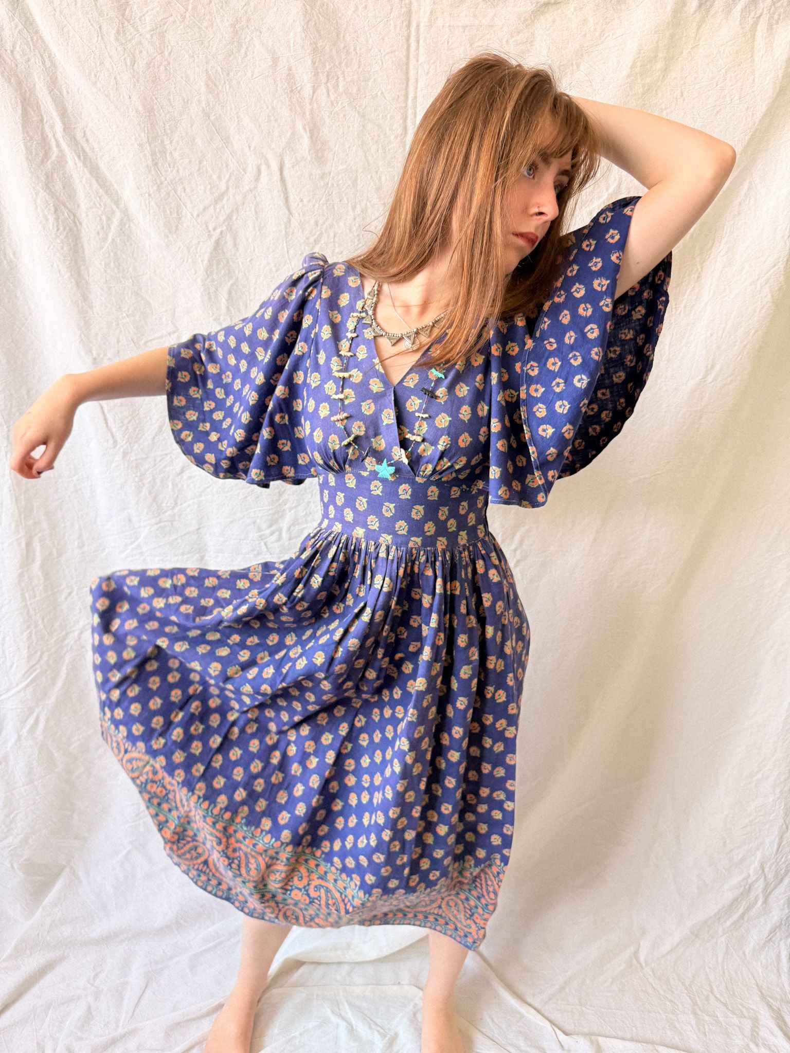 1970s West German Cotton Block Print Angel Sleeve Dress