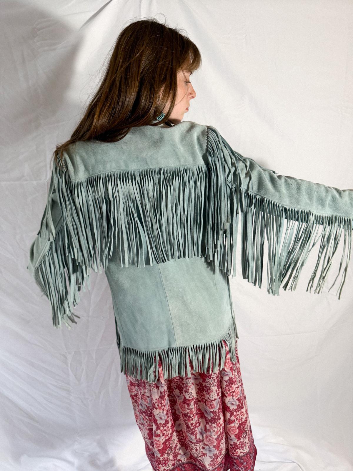 1970s Mint Green Suede Fringe Jacket