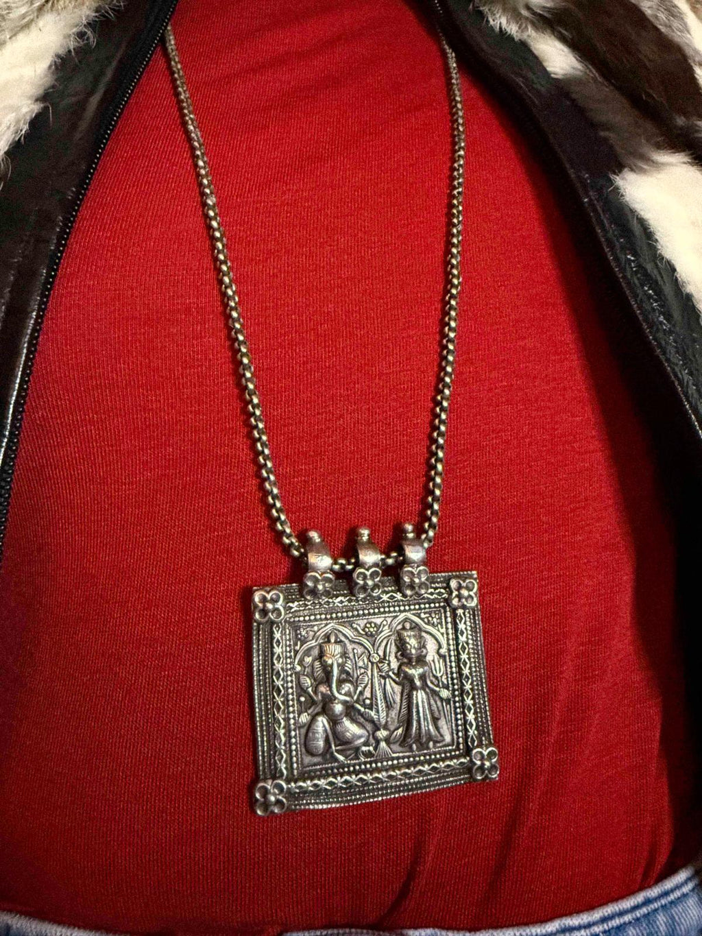 Vintage Indian Silver Devotional Amulet Necklace (Ganesh & Lakshmi)