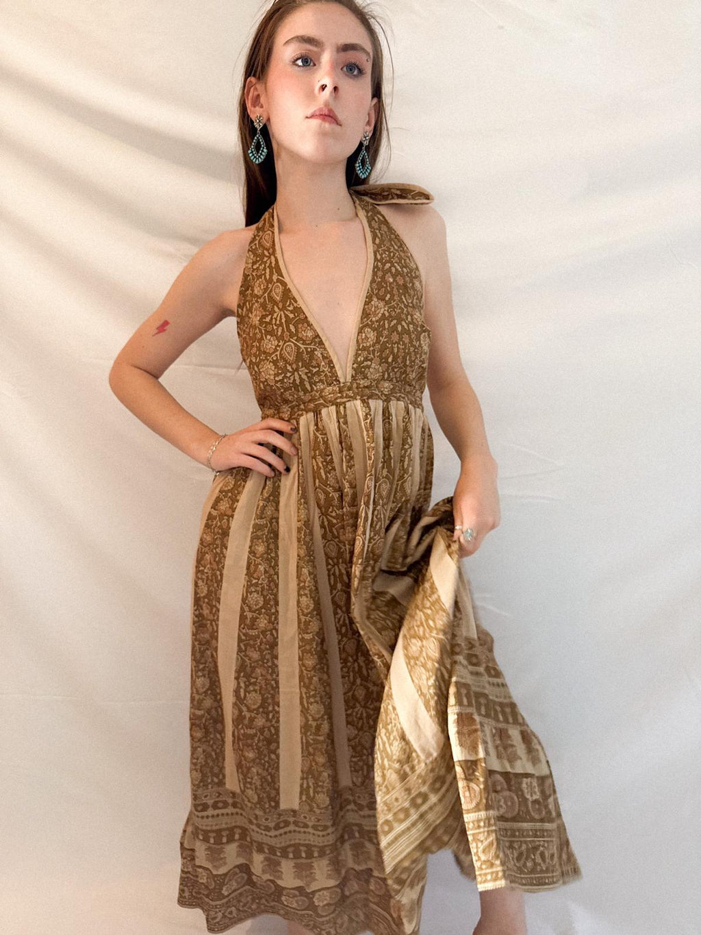 1970s Blockprint Halterneck Dress