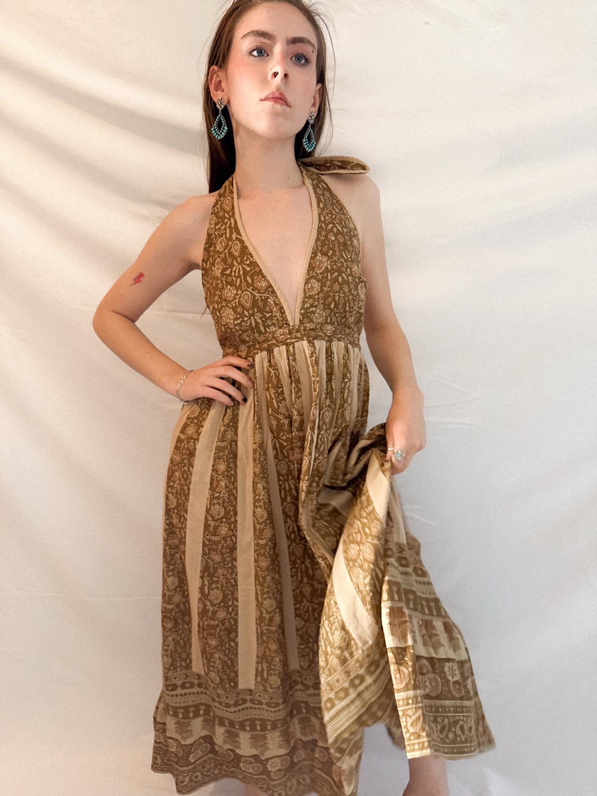 1970s Blockprint Halterneck Dress