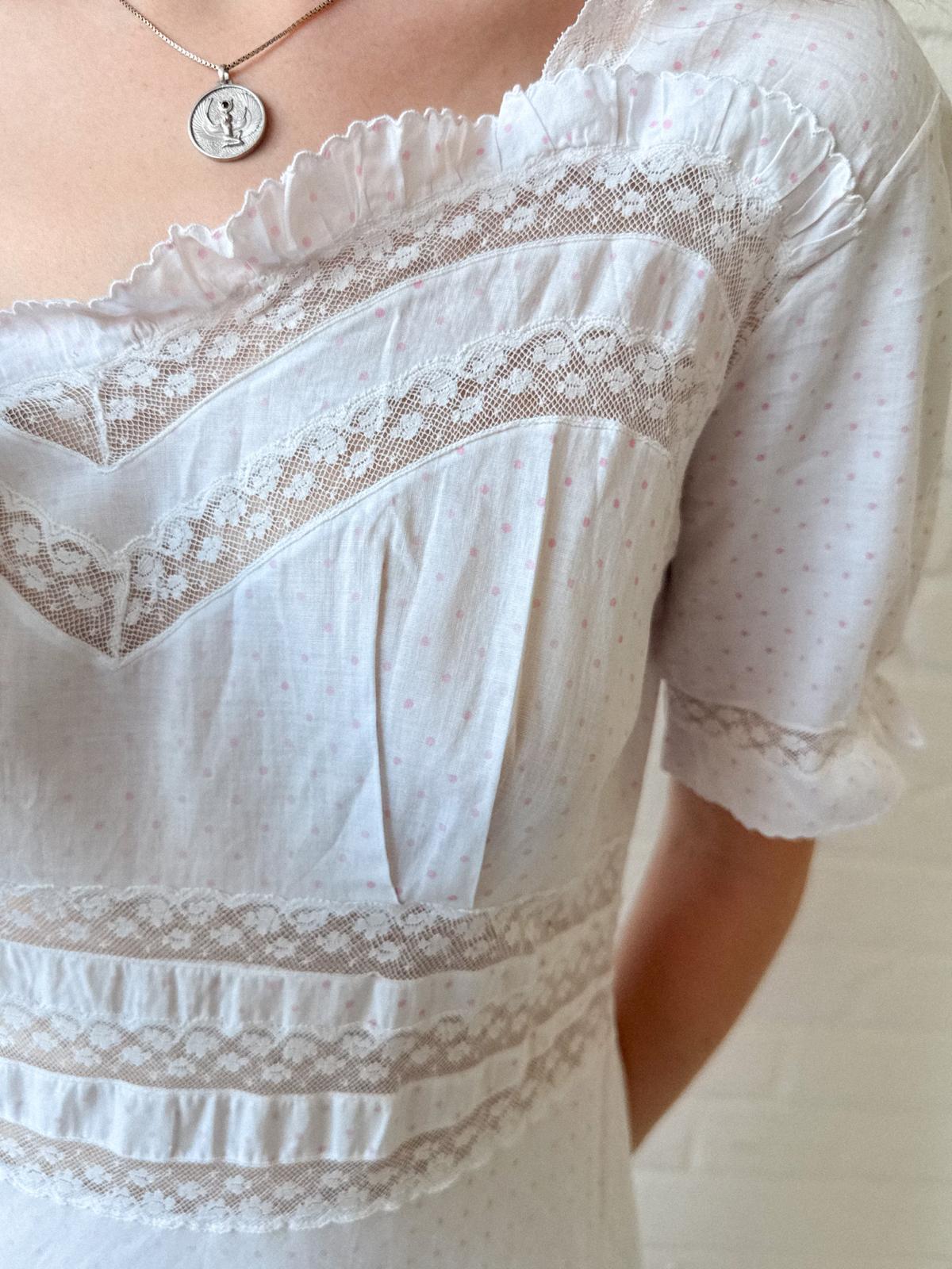 1930s White Cotton & Lace Nightdress | Pink Polka Dot Bias-Cut Dress