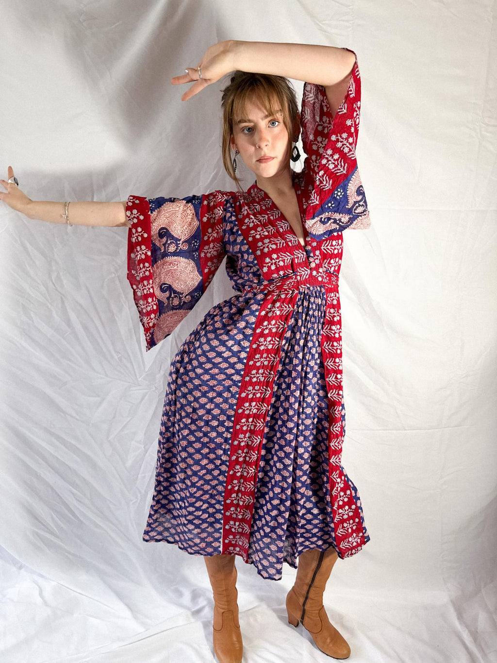 1970s Indian Cotton Gauze Block Print Dress with Angel Sleeves