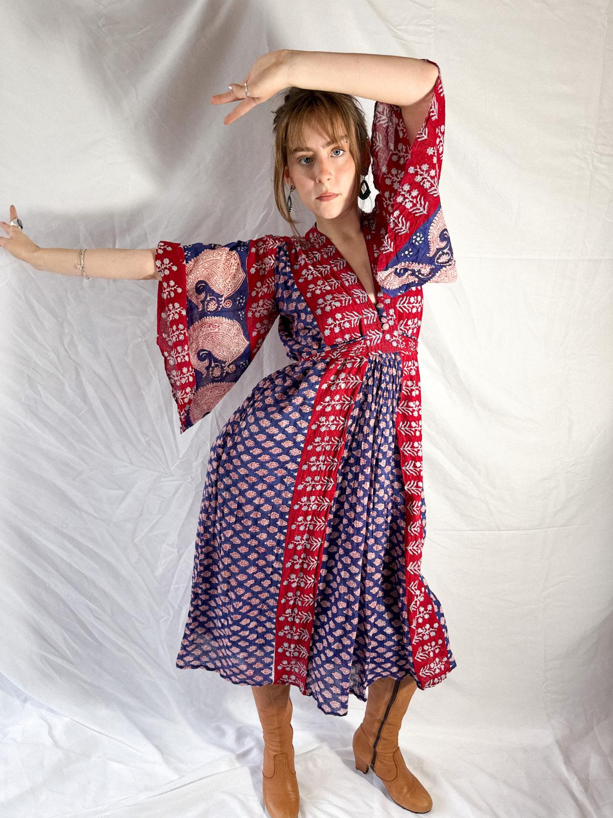 1970s Indian Cotton Gauze Block Print Dress with Angel Sleeves