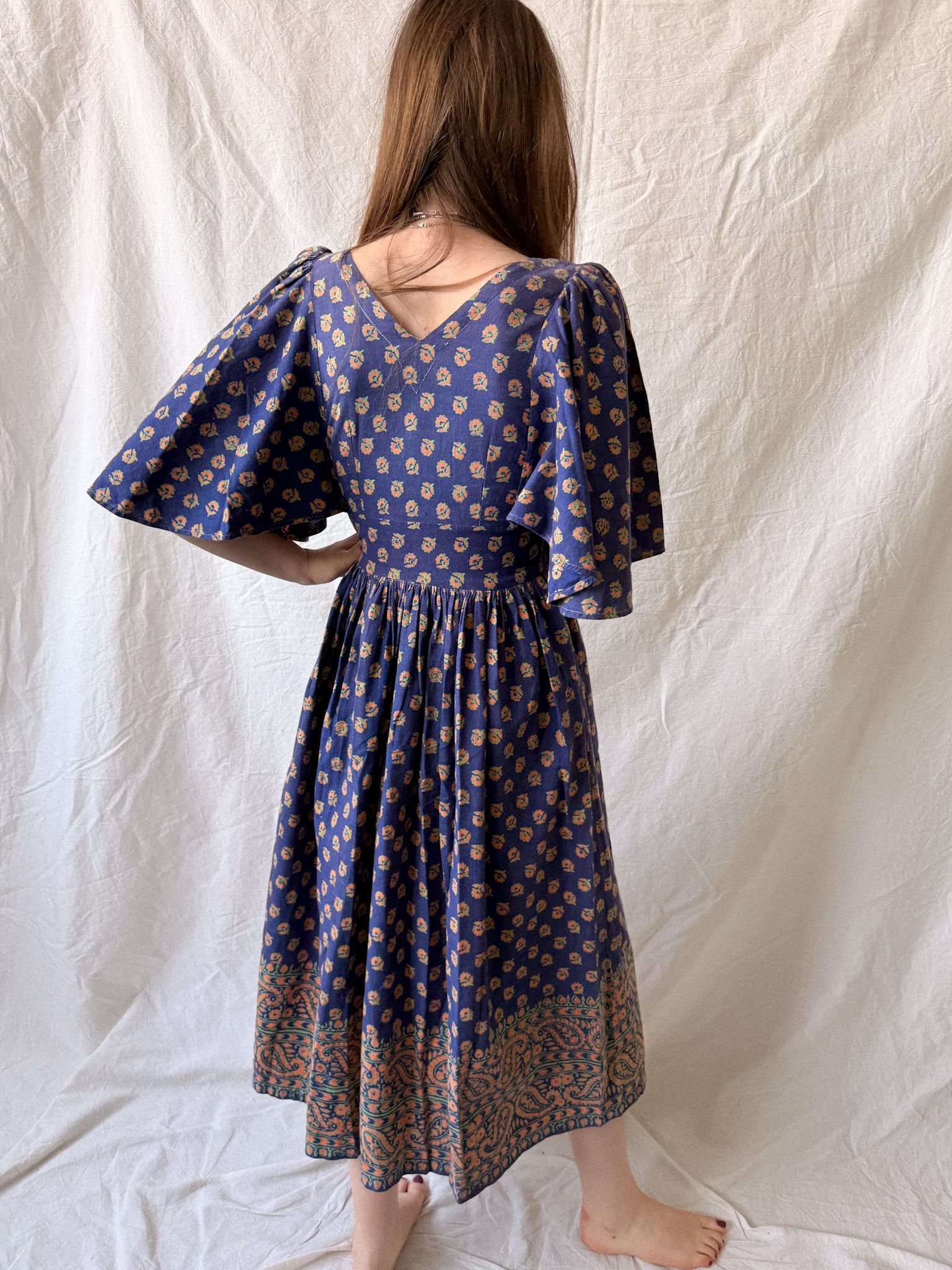1970s West German Cotton Block Print Angel Sleeve Dress