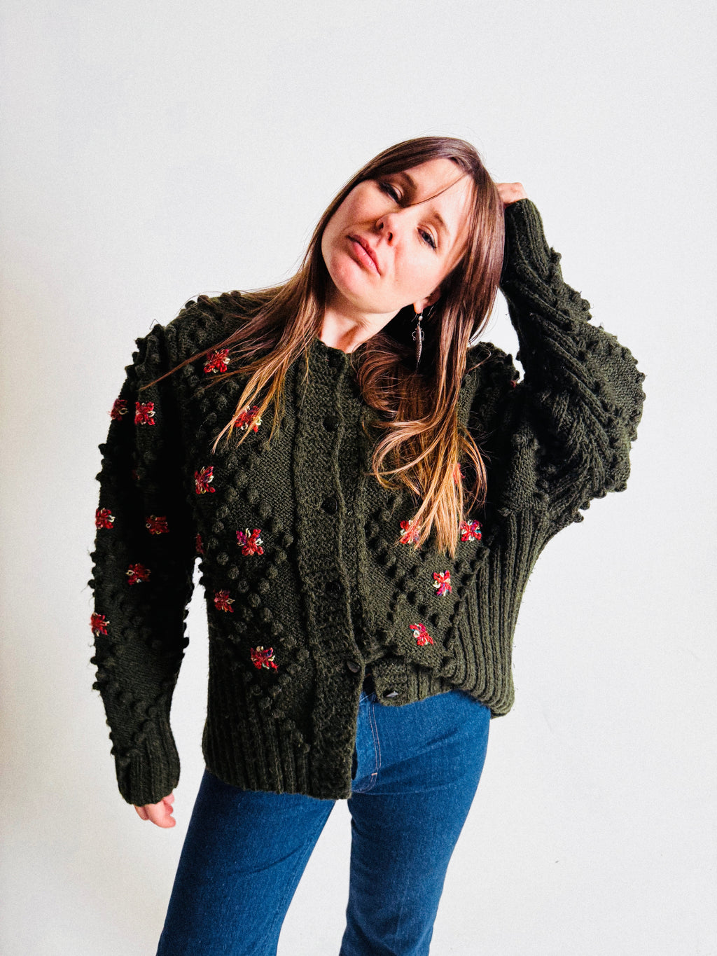 70s-80s Wool Handknit Popcorn and Flowers Cardigan with Glitter Buttons