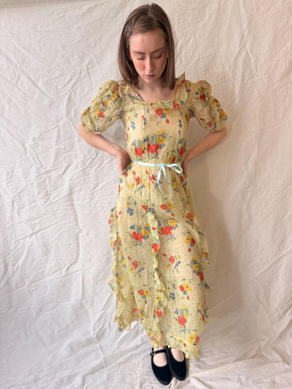 1930s Semi-Sheer Crinkled Rayon Taffeta Party Dress