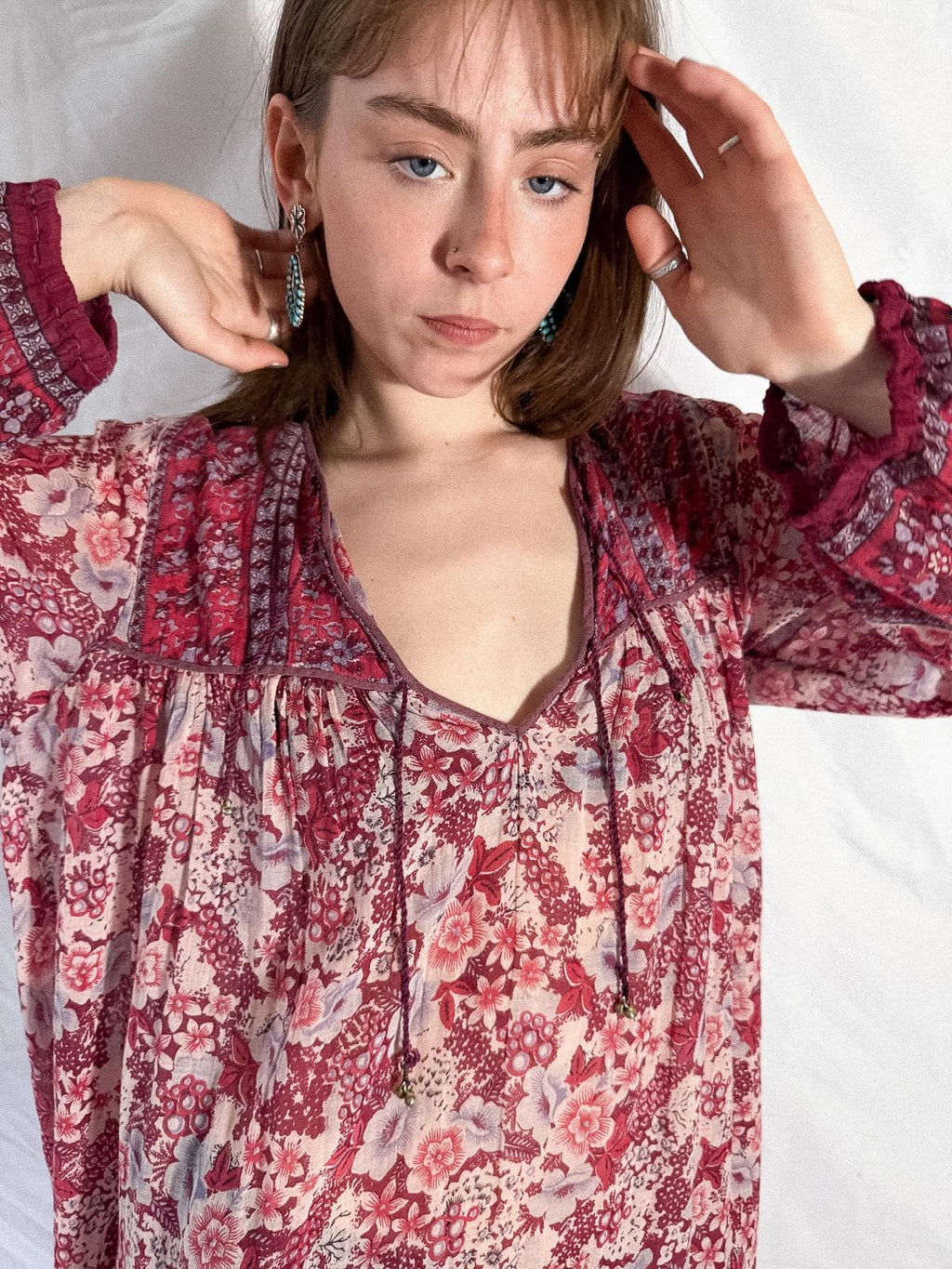 1970s Raspberry Blossom Cotton Gauze Dress