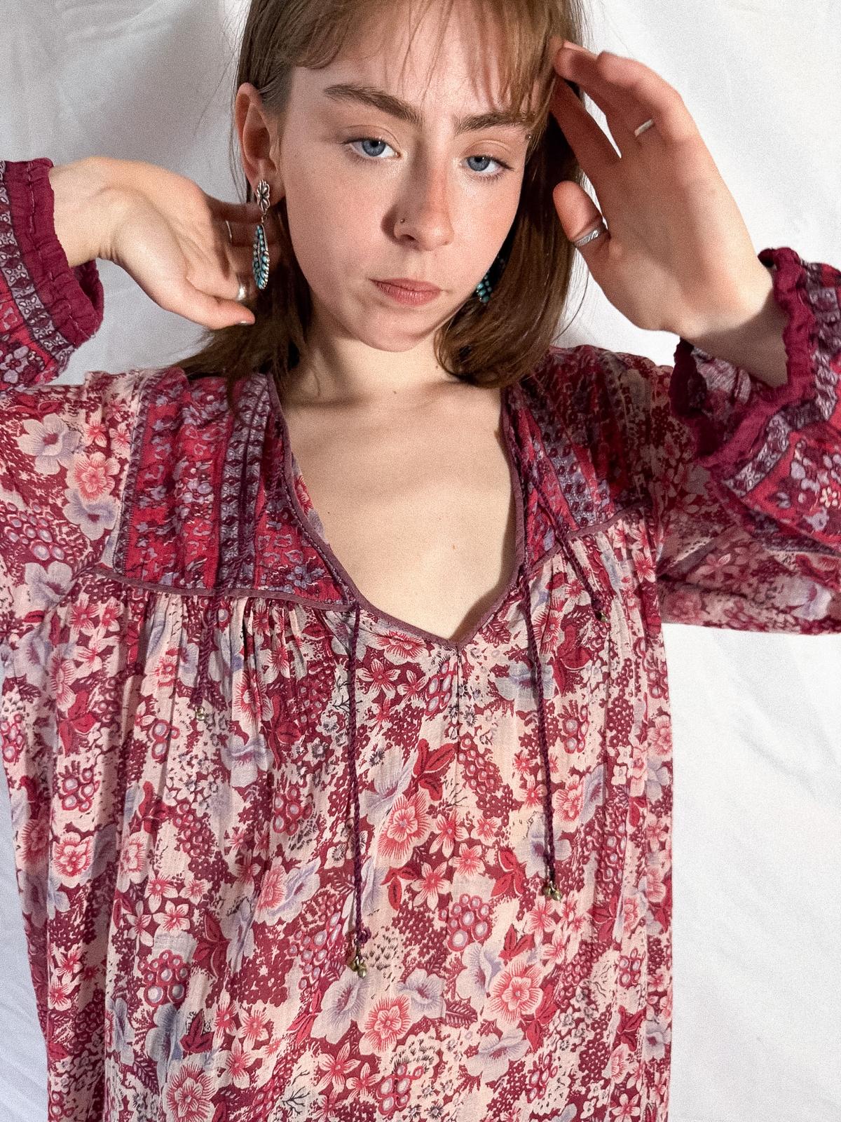 1970s Raspberry Blossom Cotton Gauze Dress