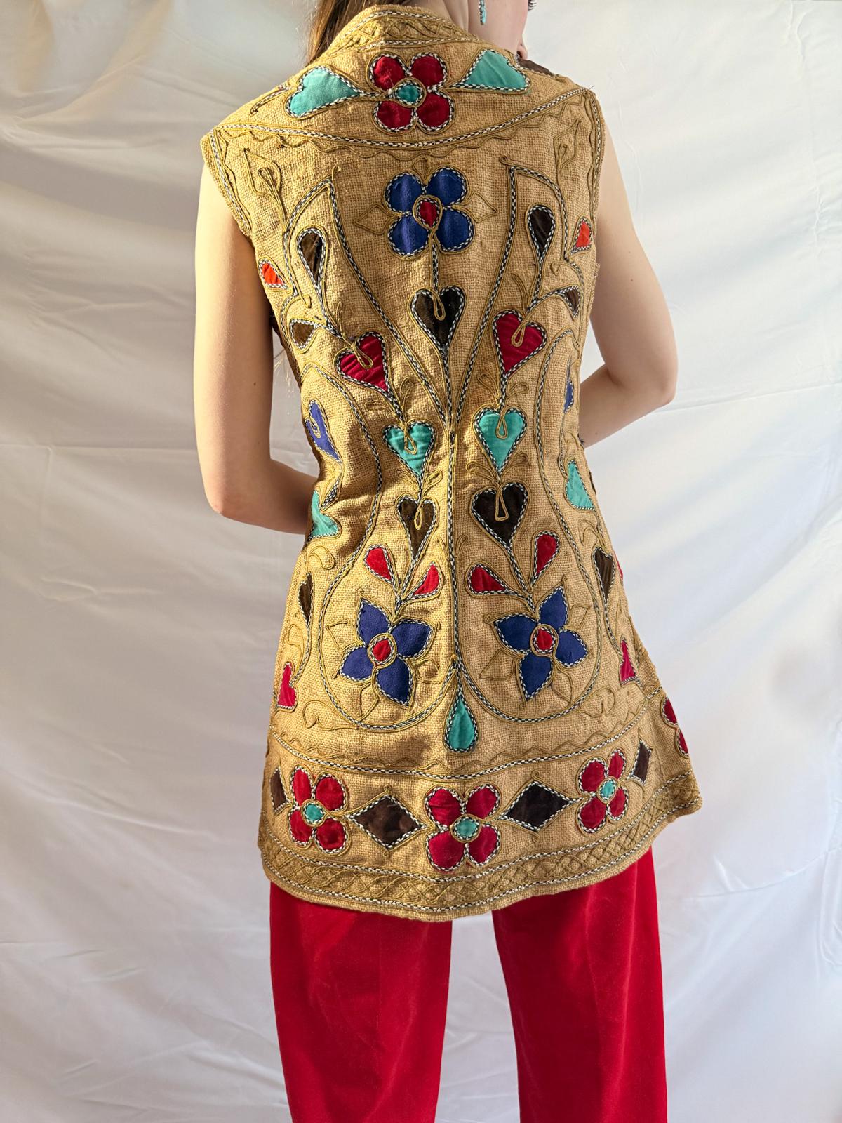 1960s Afghan Jute Vest with Embroidery and Intricate Velvet Inlay