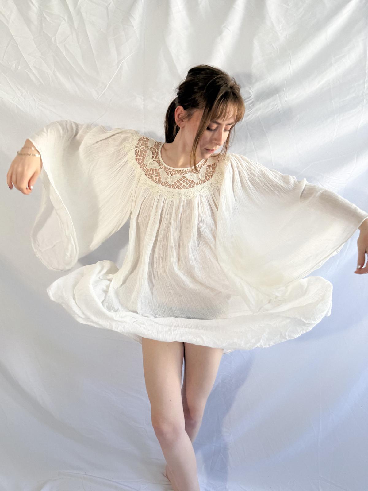 1970s Cotton Gauze Tunic with Butterfly Crochet Neckline