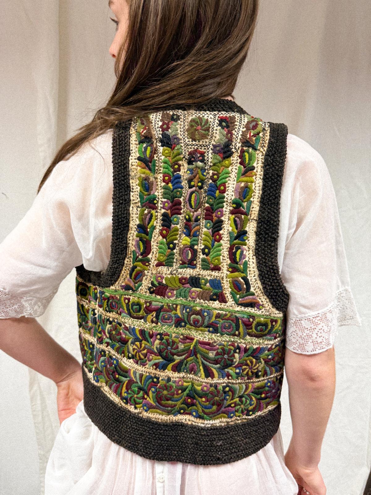 Early-mid 20th Century Romanian Transylvanian Leather Sheepskin Embroidered Vest