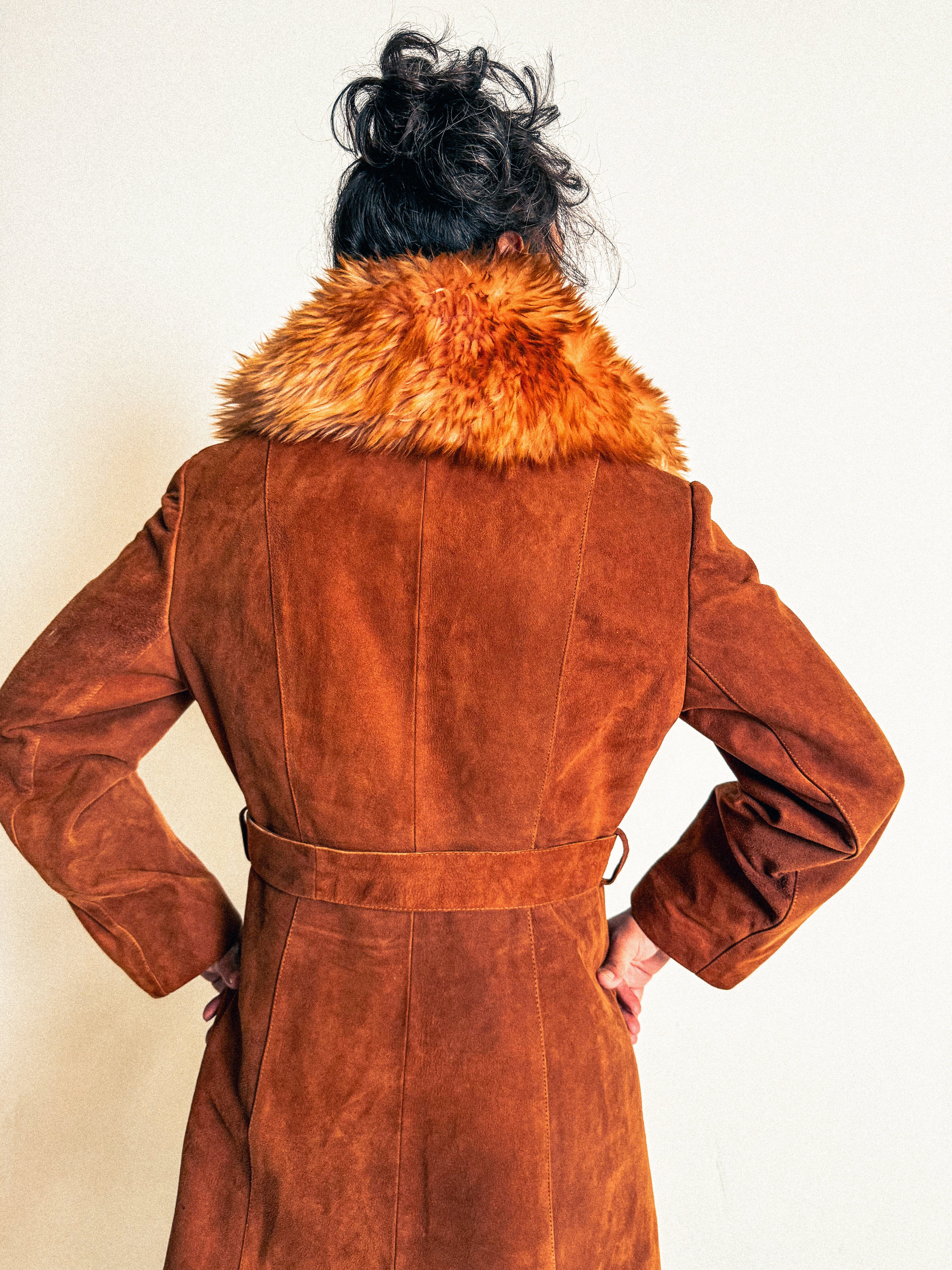 1970s Penny Lane Rusty Tangerine Suede and Sheepskin Belted Long Coat