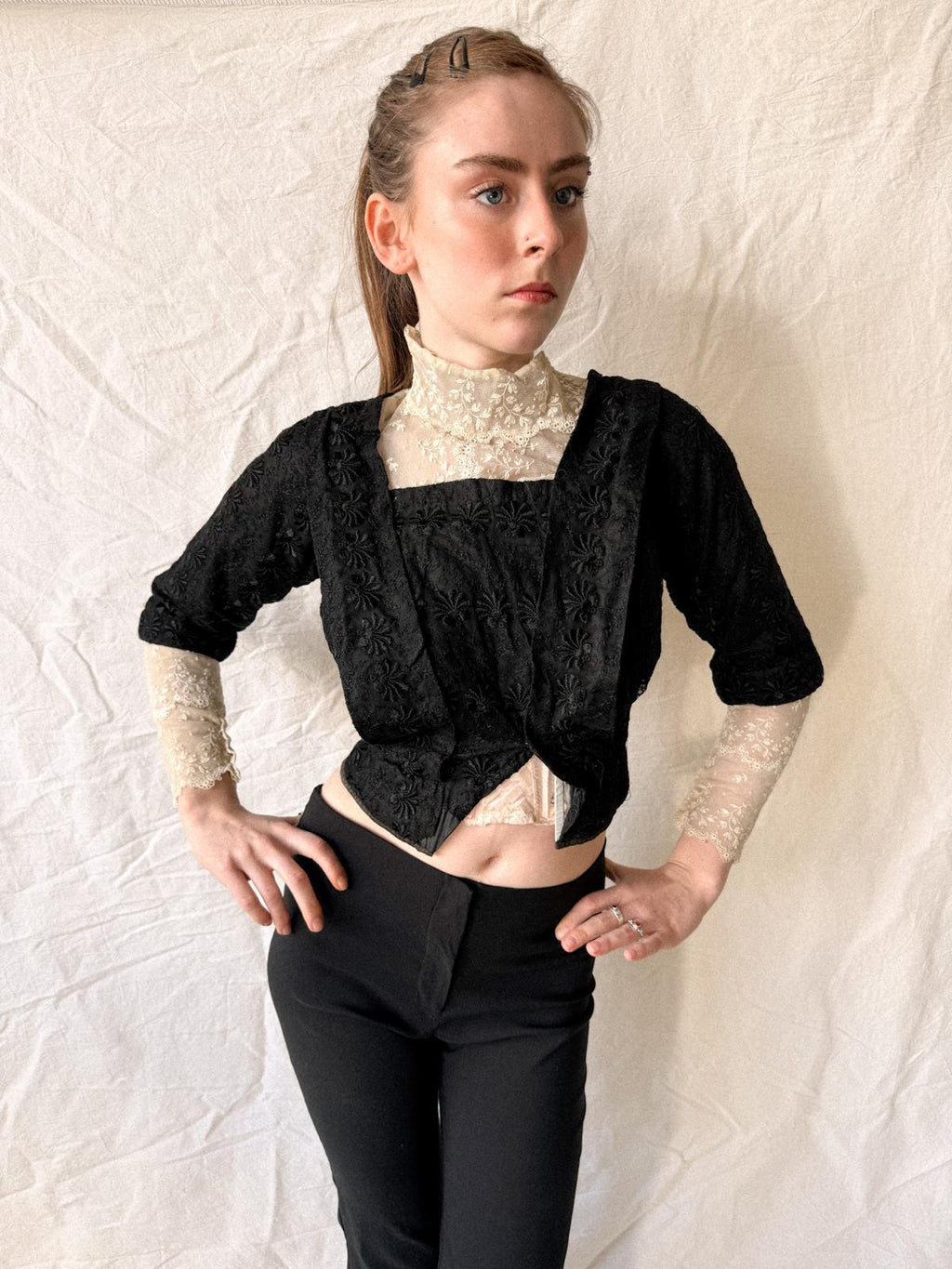 Victorian / Early Edwardian Black Silk & Lace Boned Bodice | Antique Embroidered Jacket | c. 1895–1910