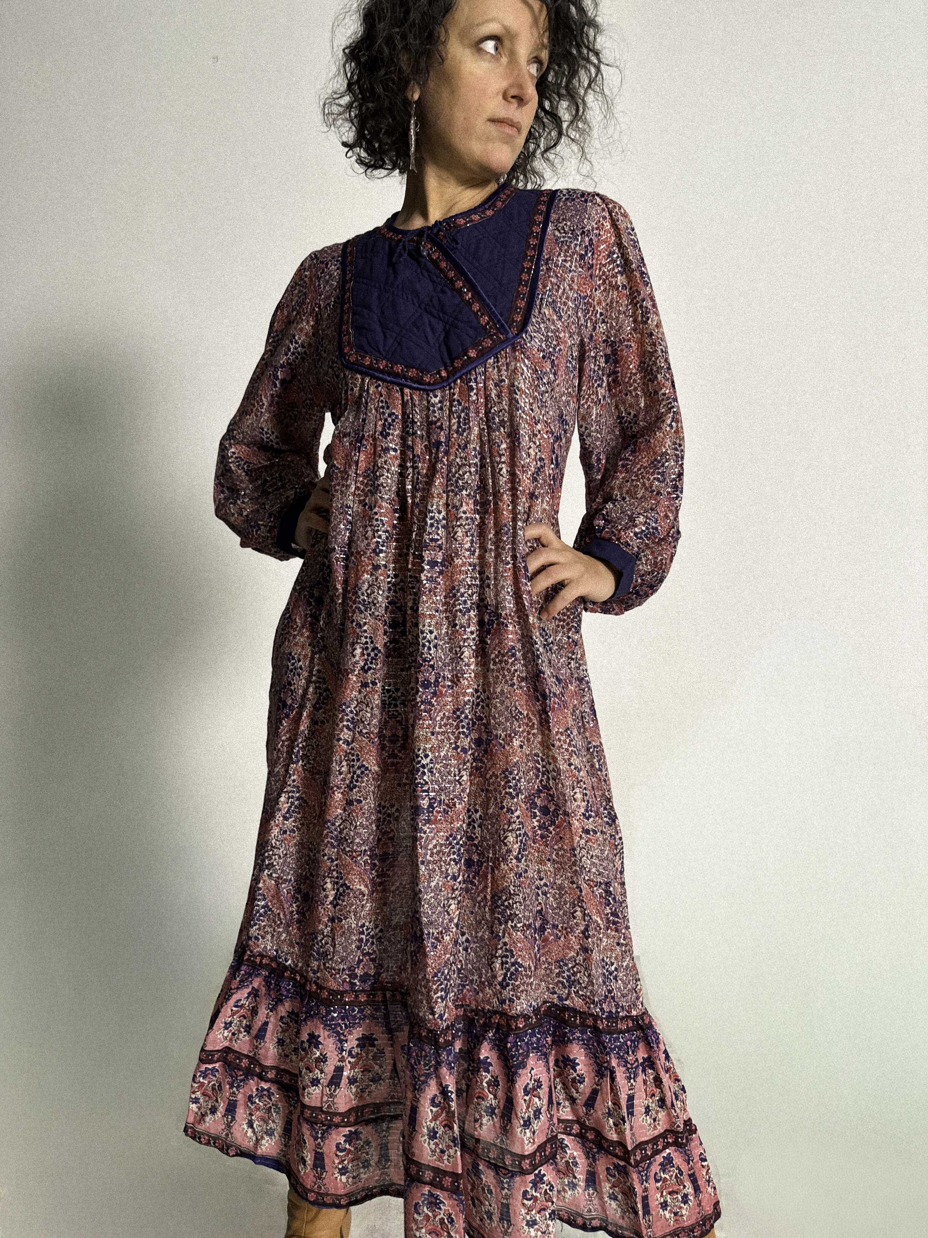 1970s Indian Cotzon Gauze Dress with Silver Lurex and Quilted Yoke